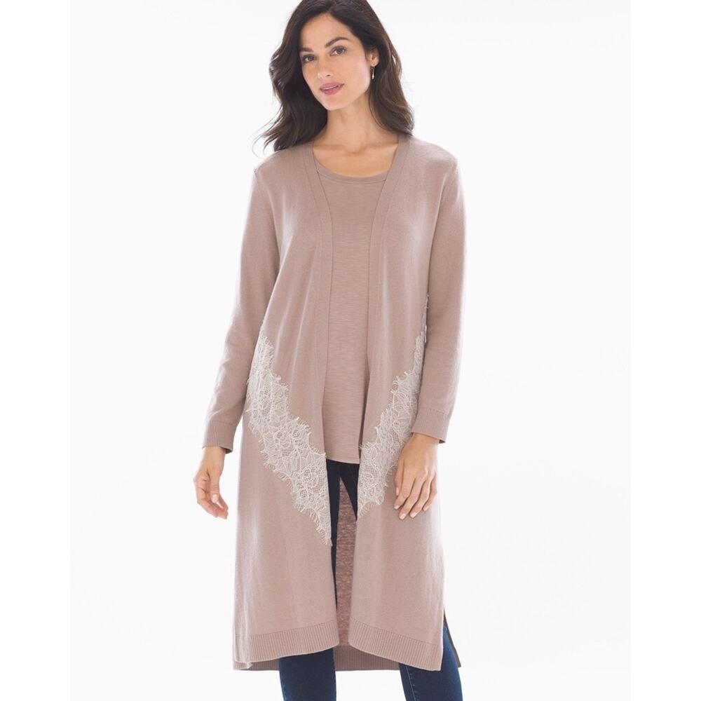Soma Women's Long Knit Duster Cardigan Lace‎ Trim Pink Size Medium